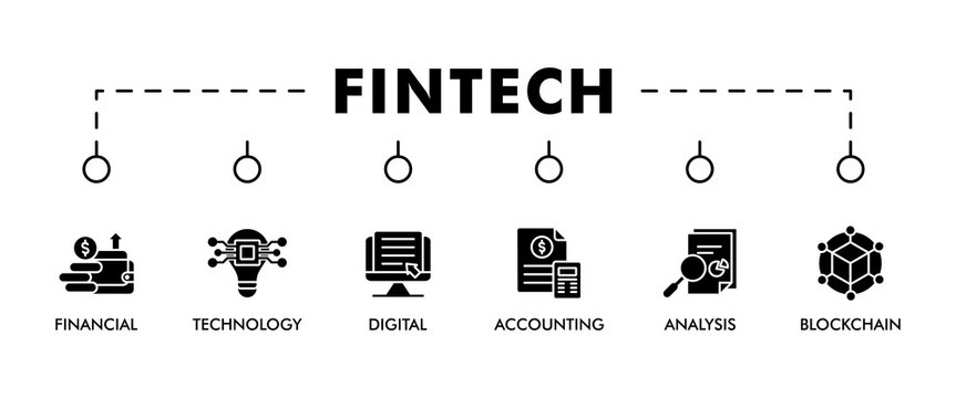 FINTECH banner web icon vector illustration concept with icon of financial, technology, digital, accounting, analysis and blockchain