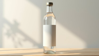 Slim bottle mockup. Clear slim bottle with label mockup on light background