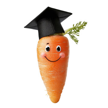 Carrot with a cute face and a graduation cap, isolated on white background