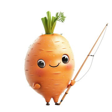 Carrot with a cute face and a fishing rod, isolated on white background
