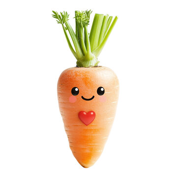 Carrot with a cute face and a heart symbol, isolated on white background