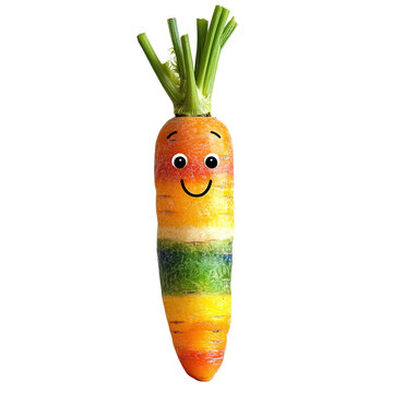 Carrot with a cute face and a rainbow pattern, isolated on white background