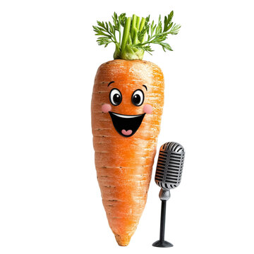 Carrot with a cute face and a microphone, isolated on white background