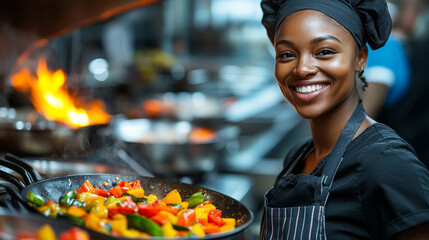 Smiling chef prepares colorful vegetable dish in kitchen