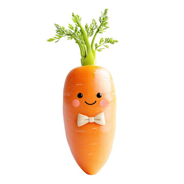 Carrot with a cute face and a tiny bow tie, isolated on white background