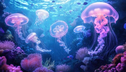 Obraz premium Pink And White Jellyfish Swimming Underwater In A Vibrant Coral Reef
