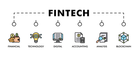 FINTECH banner web icon vector illustration concept with icon of financial, technology, digital, accounting, analysis and blockchain