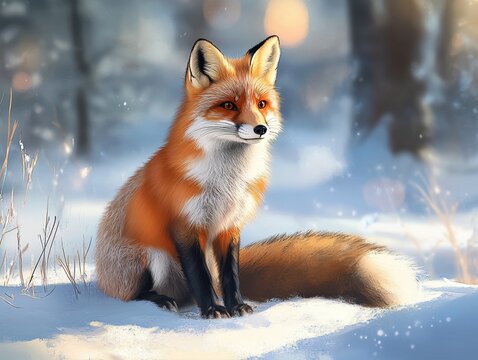 Red Fox Sitting in Snowy Winter Forest