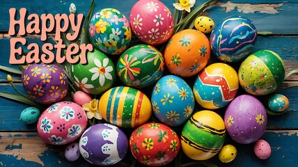 Obraz premium Vibrant Hand-Painted Easter Eggs with Unique Artistic Patterns Colorful Designs Arranged on Rustic Blue Wooden Surface with Festive Spring Elements for a Cheerful and Joyful Easter Holiday Celebration