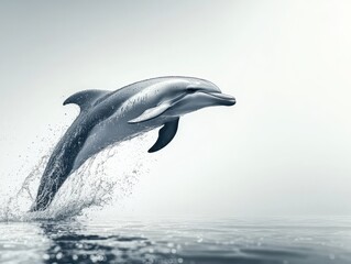 Obraz premium Two Dolphins Leaping from Ocean Water Grey Grayscale Monochromatic Background