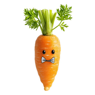 Carrot with a cute face and a tiny bow tie, isolated on white background