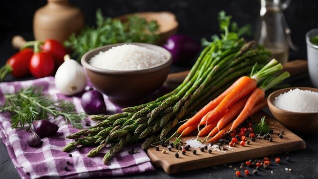 A dark, textured surface features a variety of fresh ingredients arranged artfully.