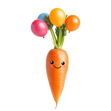 Carrot with a cute face and floating balloons, isolated on white background