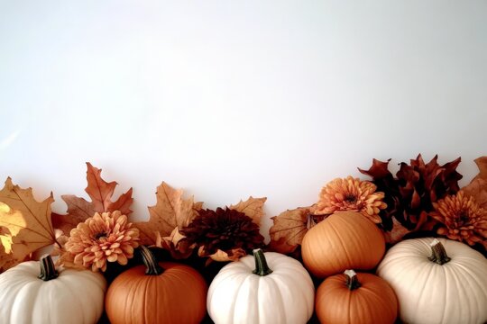 Autumn pumpkin and leaf arrangement with chrysanthemums on white background
