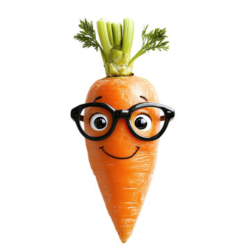 Carrot with a cute face and glasses, isolated on white background