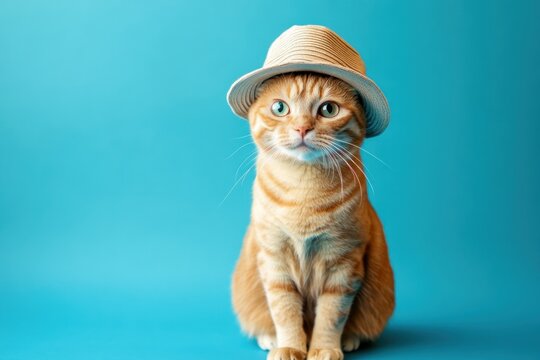 adorable orange cat wearing straw hat against bright turquoise background. summer vacation concept. playful pet portrait. greeting card, pet-themed poster with copy space. feline food and care poster