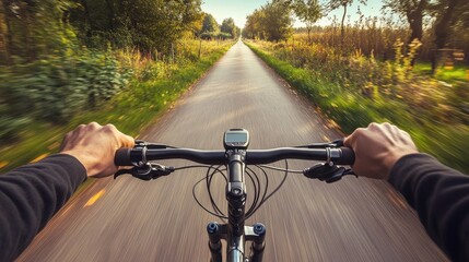 A bicyclist rides down a paved path on a sunny day