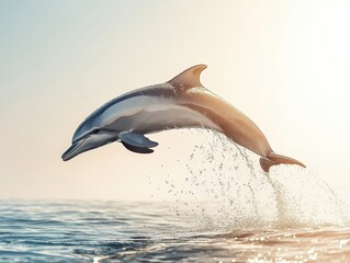 Fototapeta premium Dolphin Leaping From Ocean Water at Sunrise