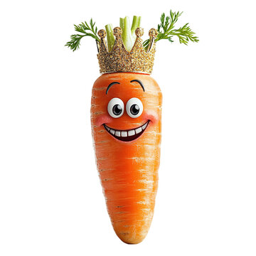 Carrot with a funny face and a golden crown, isolated on white background