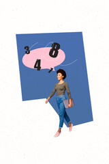 Zine creative vertical photo collage of happy american businesswoman carry laptop count numbers bubble freelancer profit