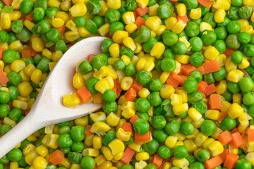 Mix of vegetables - peas, corn, carrots, and wooden spoon, close-up. Food background. Healthy eating.