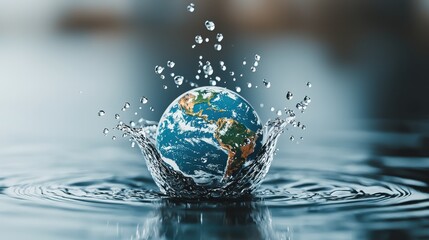 Floating Planet Earth Globe in Dynamic Water Splash with Liquid Ripples Bubbles and Transparent Droplets   Conceptual of Sustainability Renewable Energy and Environmental Protection