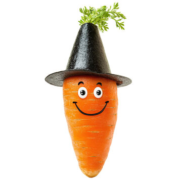 Carrot with a happy face and a magician?s hat, isolated on white background