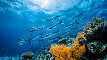 Fototapeta premium School of fish swimming over a vibrant coral reef in clear blue water