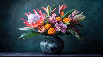 A luxurious bouquet of exotic flowers, including orchids and proteas, in a stylish ceramic vase.