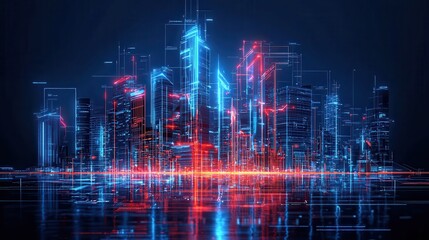 Fototapeta premium Glowing illuminated skyscrapers and modern architecture in a futuristic high tech cityscape at night with a reflective surface creating an abstract digital landscape category Technology