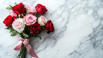 A romantic bouquet of red and pink roses, tied with a satin ribbon, elegantly placed on a marble surface.