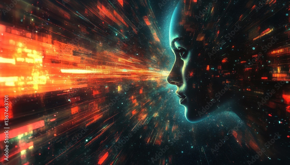 Poster abstract digital art of a glowing head in a red and blue data tunnel