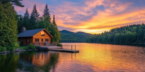 Fototapeta premium Serene lakeside cabin at sunset, surrounded by lush trees and mountains.