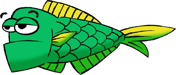 Grumpy green fish character crayon doodle