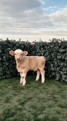 Fototapeta premium Adorable calf standing on grass with greenery and cloudy sky in background