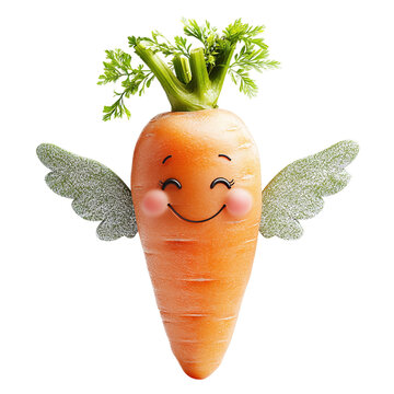 Carrot with a happy face and tiny angel wings, isolated on white background