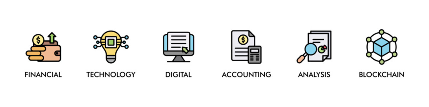FINTECH banner web icon vector illustration concept with icon of financial, technology, digital, accounting, analysis and blockchain