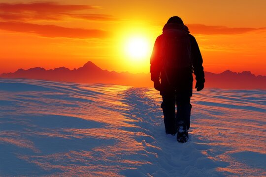 Silhouette of person hiking through snow at sunset with mountains in background