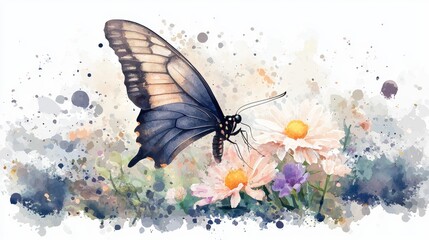 A delicate butterfly gracefully perched amidst a dreamy colorful watercolor landscape of blooming flowers and lush greenery
