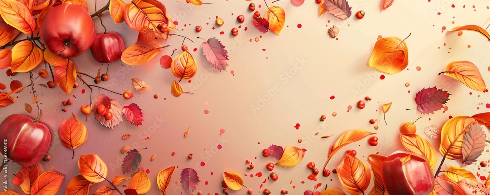 Poster Autumn composition made of leaves and apples forming a frame with copy space on a pastel background