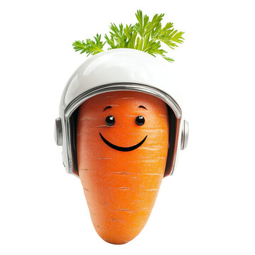 Carrot with a joyful face and a space helmet, isolated on white background