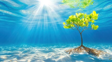 Fototapeta premium A vibrant underwater scene showcasing a mangrove tree with lush green leaves, illuminated by sunlight filtering through the water, Green Technology.