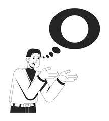 Frustrated korean man gesturing with thought bubble circle 2D line character. Thinking, mental conflict. Asian guy problem solving isolated vector ink outline person. Monochromatic spot illustration