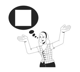 Frustrated blonde woman raising arms with thought bubble square 2D line character. Misunderstanding. Communication issue. Explaining isolated vector ink outline person. Monochromatic spot illustration