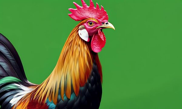 colorful rooster standing tall with bright red comb and glossy feathers, fully isolated on green screen background in ultra hd 4k video