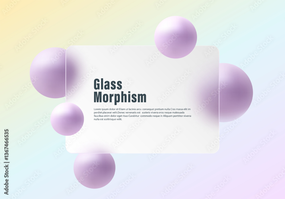 Poster vector gradient background with transparent partition and floating spheres in glass morphism style. 
