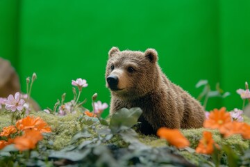 Obraz premium A small brown bear sits in a field of flowers peacefully