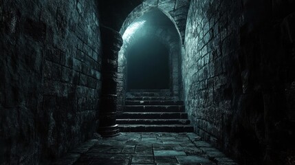 A Dark Stone Hallway Leads Toward Stairs And Bright Light