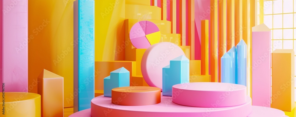 Fototapete Modern product presentation with charts and graphs enhanced by abstract 3d geometric shapes