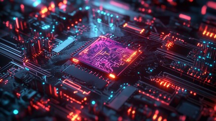 Obraz premium Glowing Artificial Intelligence Chip with Energy Wave